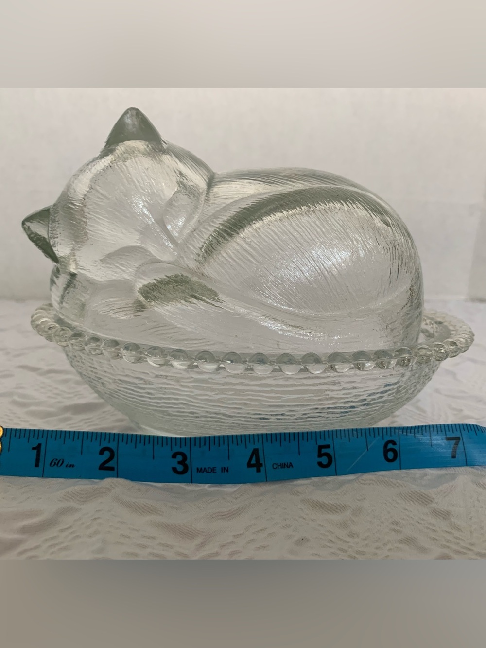 Vintage Indiana Glass Confections Sleeping Cat on a Nest Covered Beaded Dish 7”L